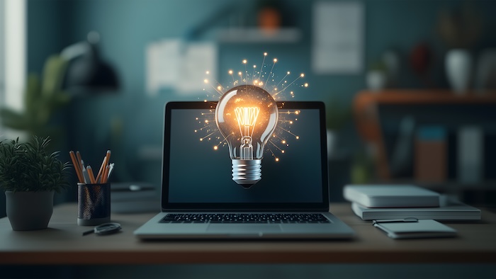 light bulb in front of computer screen. tech trends concept.
