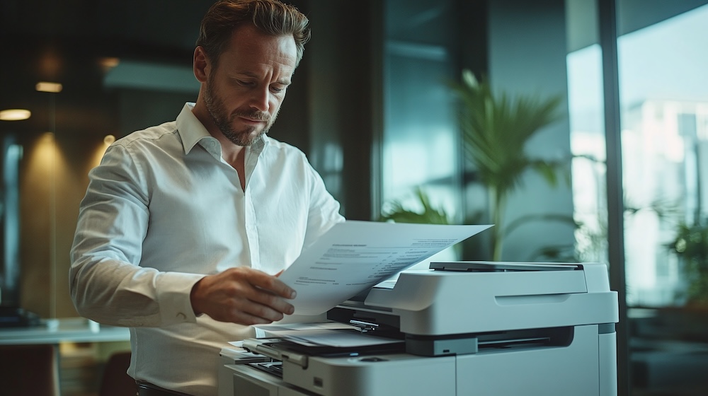 businessman printing documents in a corporate office using a multifunction laser printer 