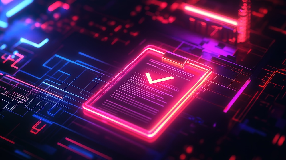 document icon, symbolizing a successful audit, set in a dark digital environment with sleek glowing effects