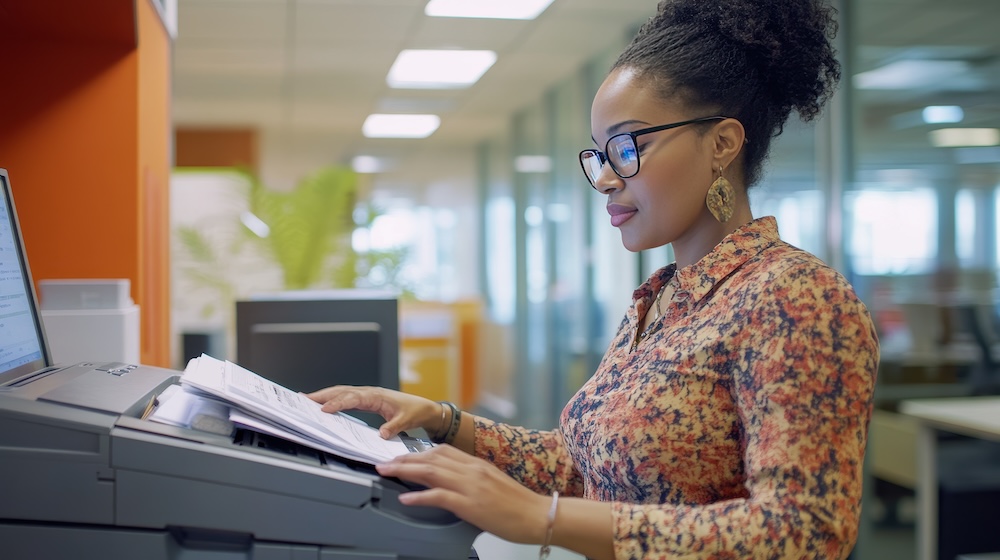 A business office showcases a woman operating a photocopier while focusing on printing and copying documents The professional scene captures an employee managing essential office technology and handling important paperwork for corporate tasks