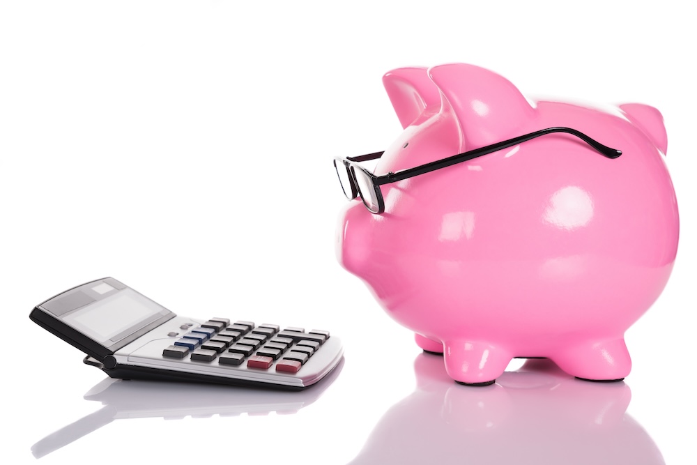 Piggybank looking at calculator. Concept of consumable costs.