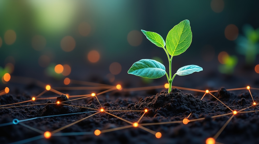 seedling planted amongst digital nodes. concept of sustainability in tech decisions in educations.