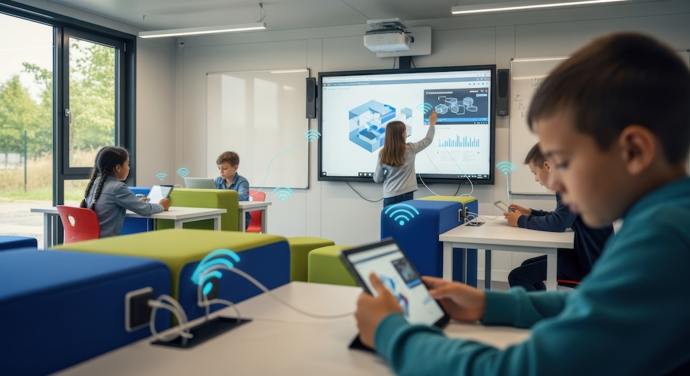 Inside a modular classroom showing smart tech integration like interactive whiteboards and wireless connectivity.