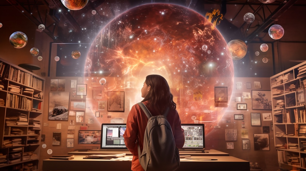 Talented teen girl, backpack on her back, immersed in futuristic classroom. Concept of AI in the classroom.