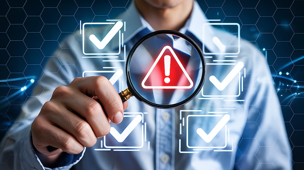 Risk Assessment And Compliance Audit With Magnifying Glass Inspection Of Checklist And Warning Sign Highlighting Potential Hazards