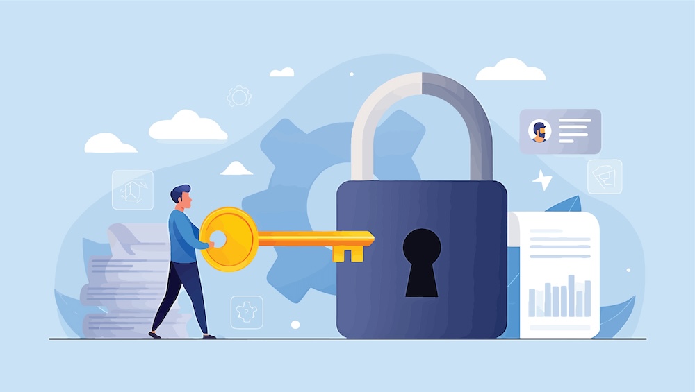 Digital security concept A person with a key unlocks a padlock, representing data protection, privacy, and secure access management solutions