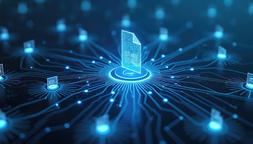 Futuristic digital document management system featuring automated workflow with interconnected nodes. Data processing, network connections, electronic records AI integration 