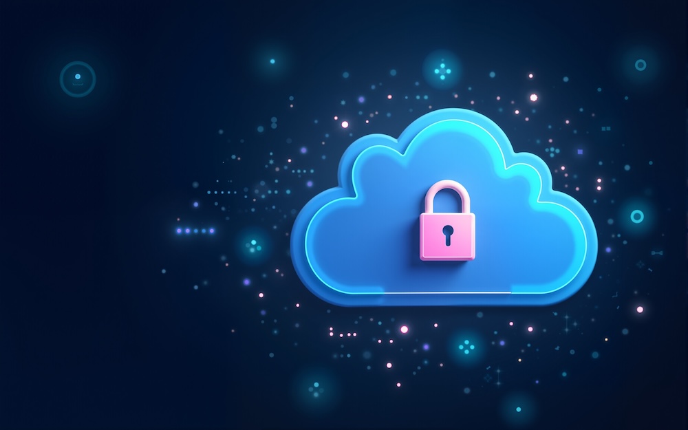 Abstract illustration of cloud security services, stylized cloud icon integrated with a secure padlock symbol, representing data protection and cybersecurity in cloud computing,