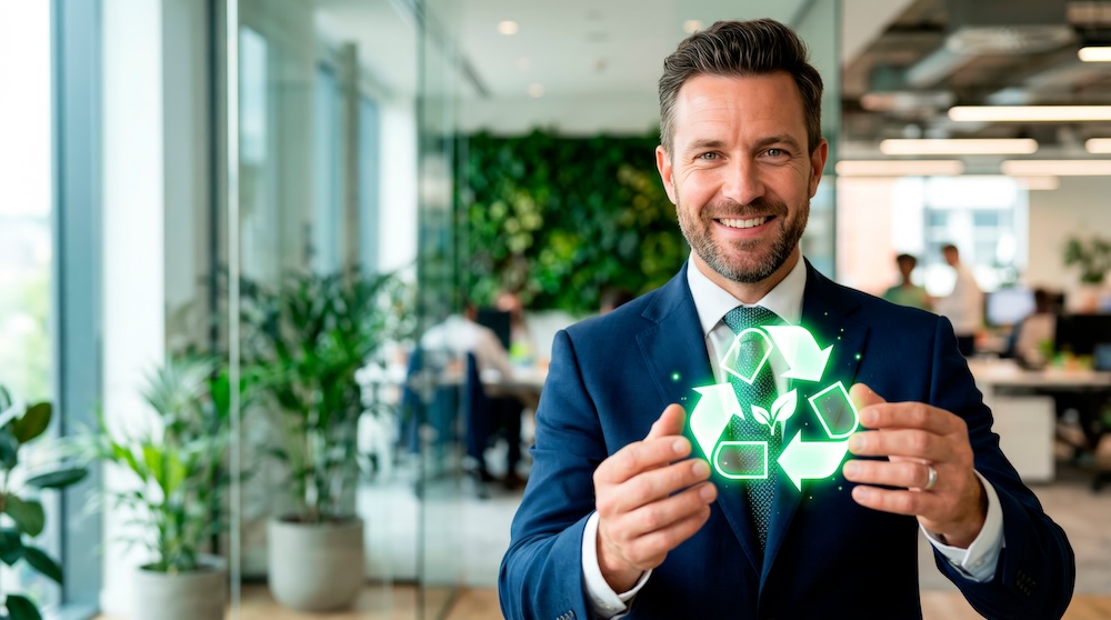 Businessman holding a glowing green recycling symbol, advocating for corporate social responsibility