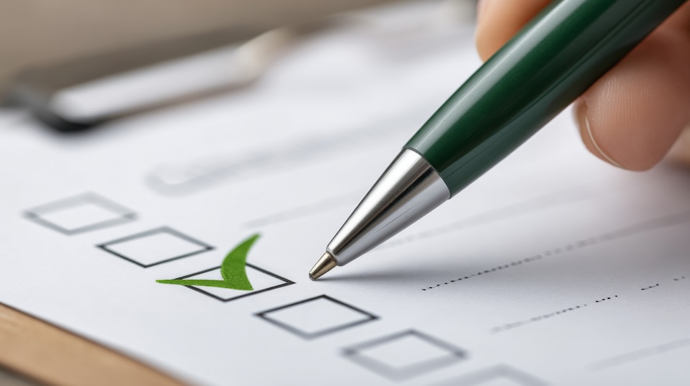 Green pen checking items on printed list for professional review and organization. Print assessment concept.
