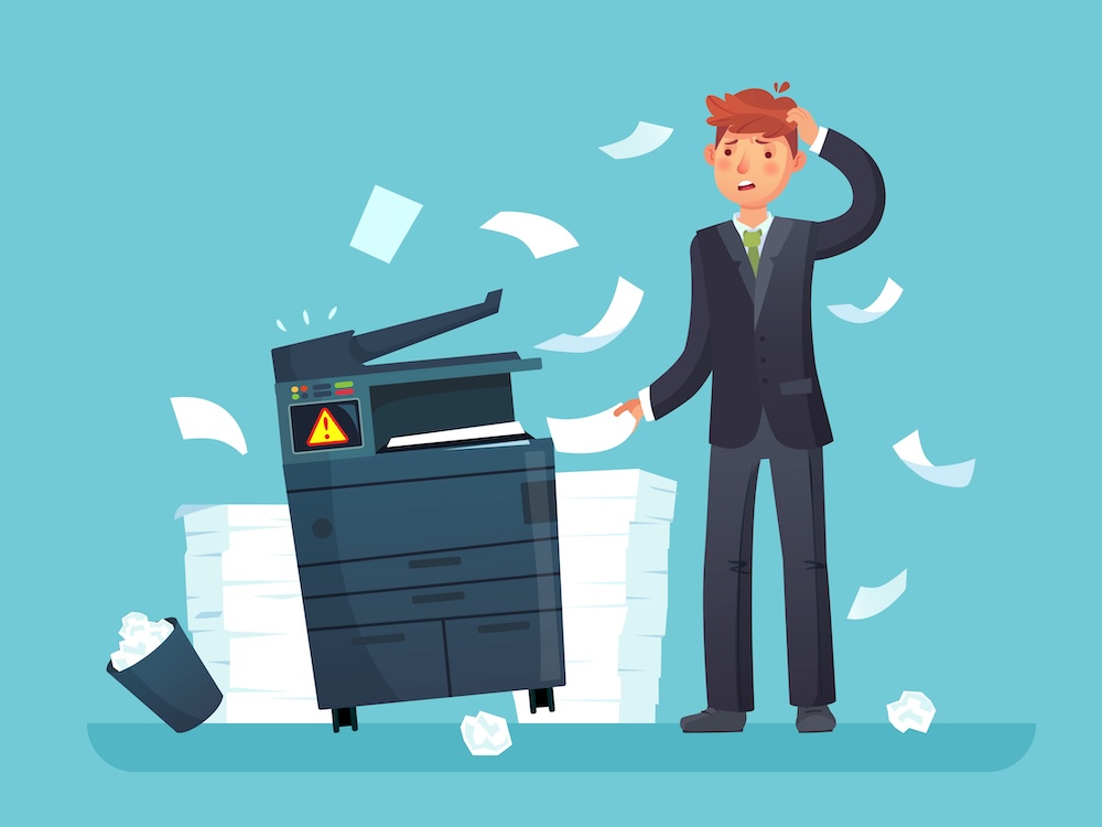 Illustration of a frustrated office employee standing beside an overloaded printer with scattered paper, representing unmanaged printing costs, print waste, and inefficient office printing environments for small businesses.