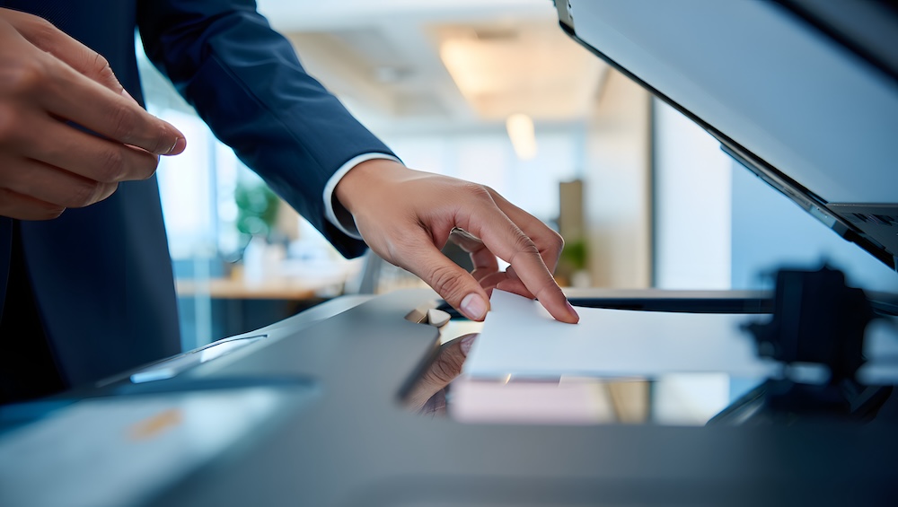 A man is putting paper in the copier glass. concept of managed print services and copier maintenance.