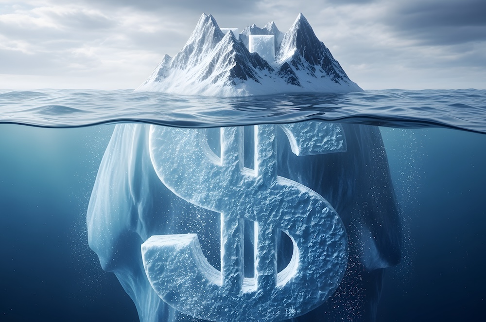 AI Generated, An iceberg with a dollar sign submerged underwater, symbolizing hidden costs 