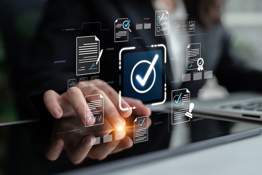 Business professional interacting with document management interface
